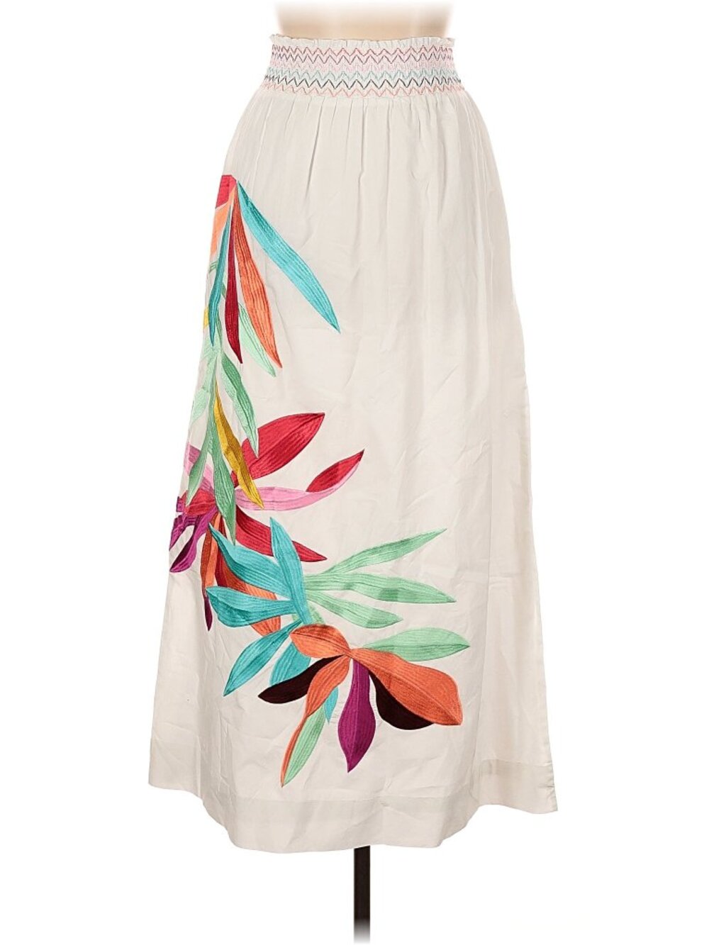 Marie Oliver Stevie Smocked Waist Maxi Skirt XS Embroidered Floral Cotton White